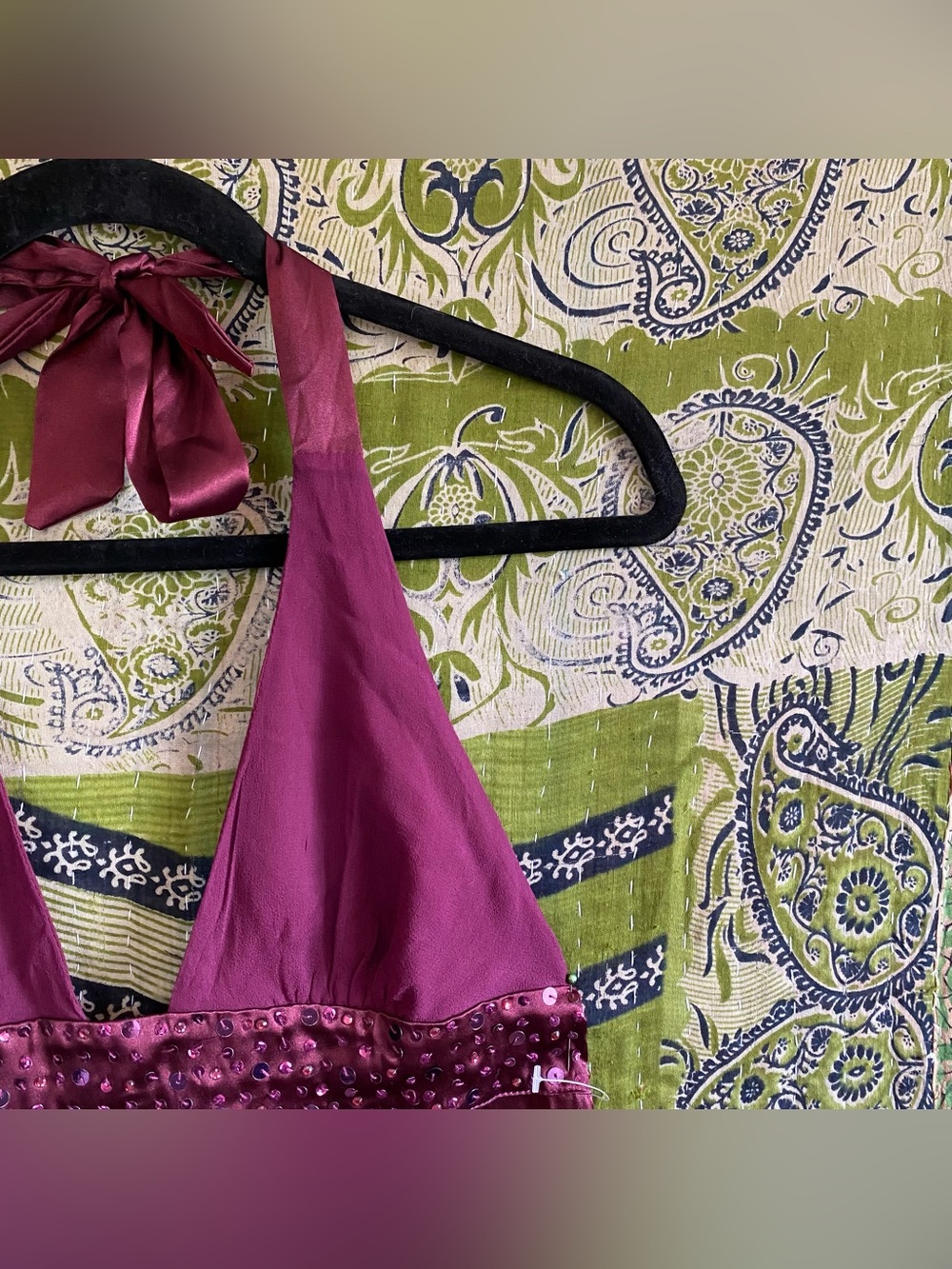 Vintage Y2K Twenty One Plum Silk/ Satin Sequined Fairycore Halter Top Small - Picture 3 of 13